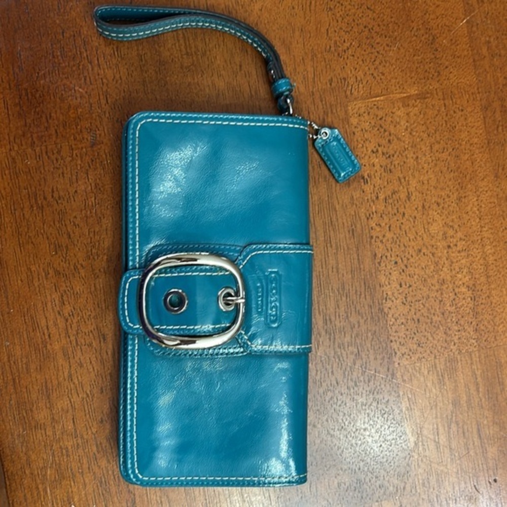 Blue patent leather Coach clutch wristlet purse
